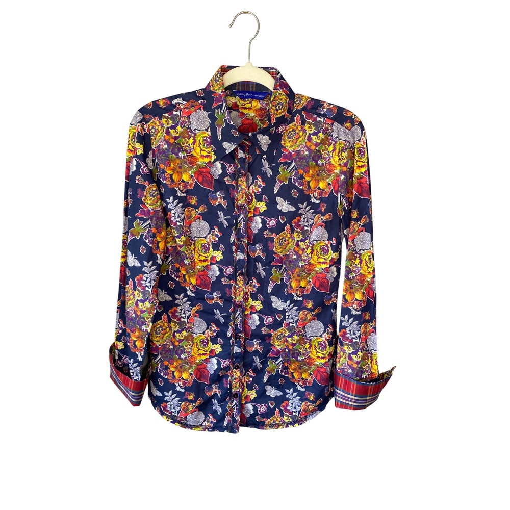 Georg Roth Los Angeles Womens Floral Butterfly Print Button Down Shirt Navy S